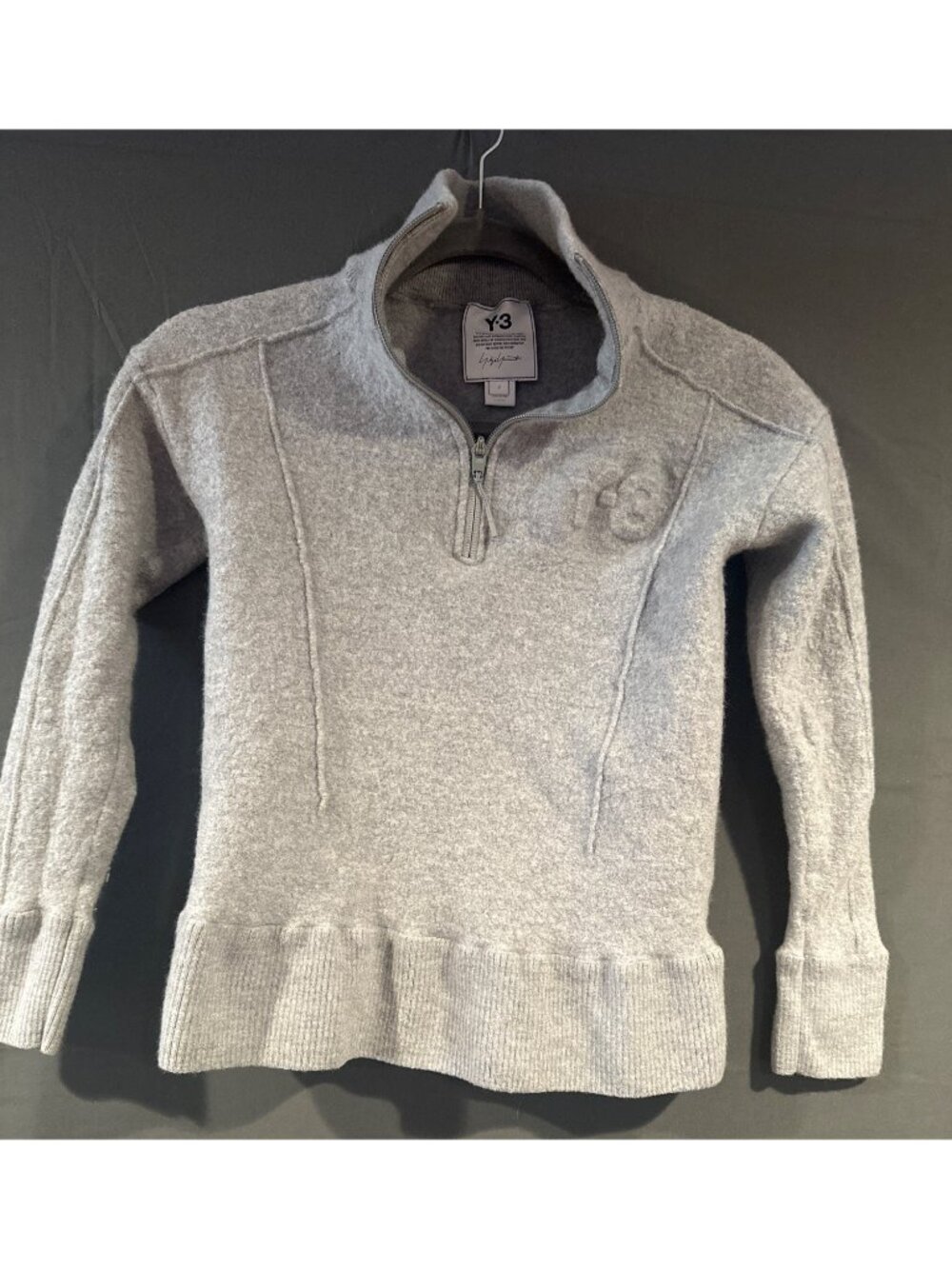 Y-3 Adidas Yohji Yamamoto Girls M Gray 100% Wool Quarter Zip Designer Sweater